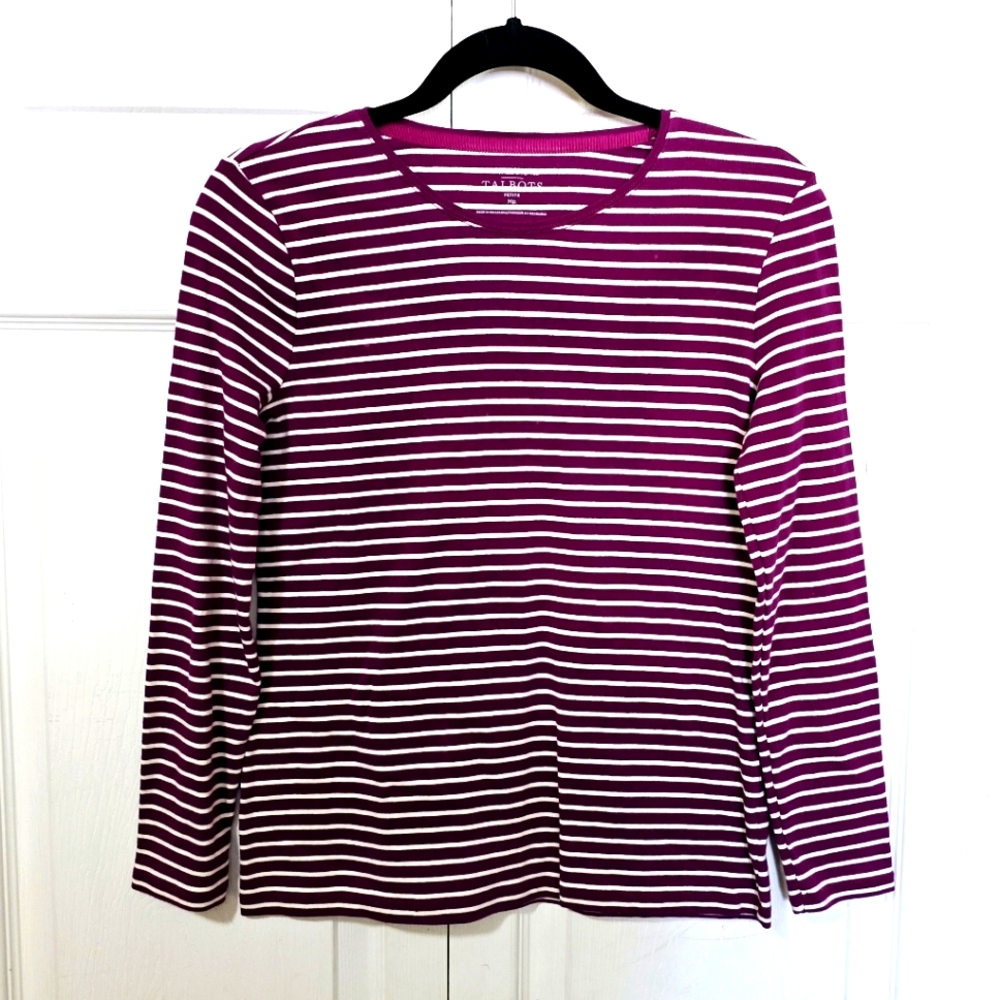 "THE TALBOTS TEE" Women's Size Medium Petite Fuschia & White Striped Shirt